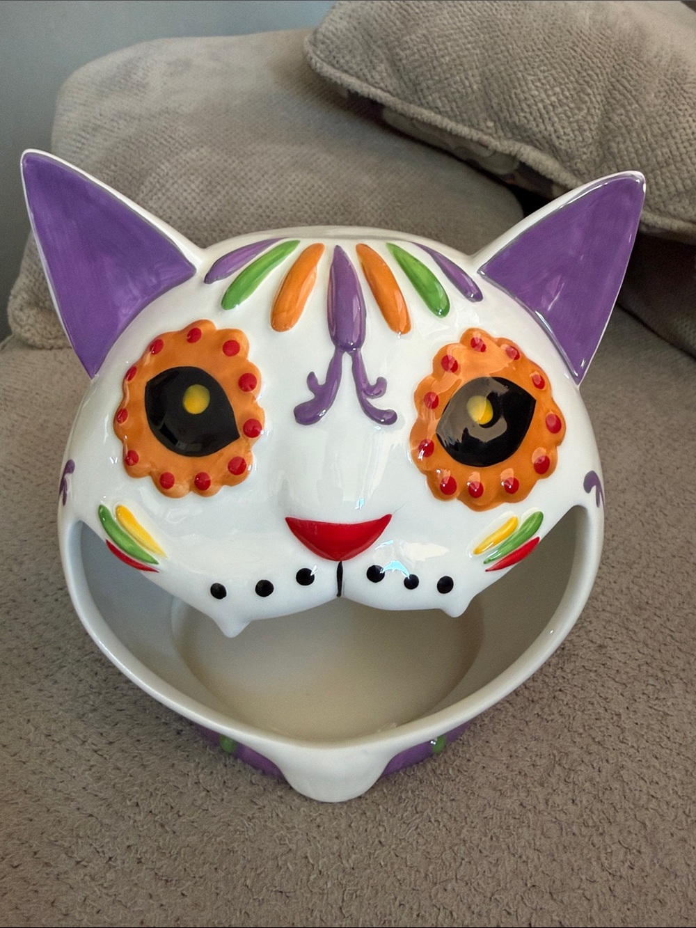 Blue Sky White Ceramic Cat Treat Bowl with Purple, Orange & Green Accents
